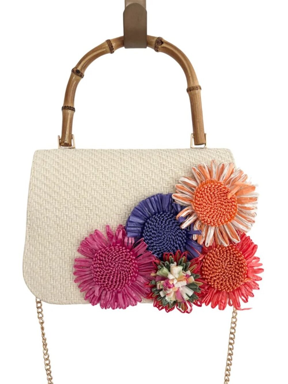 NWT HAUTE HIPPIE Woven Straw Small Hand Bag Bamboo Handle Floral Appliques - Picture 2 of 11